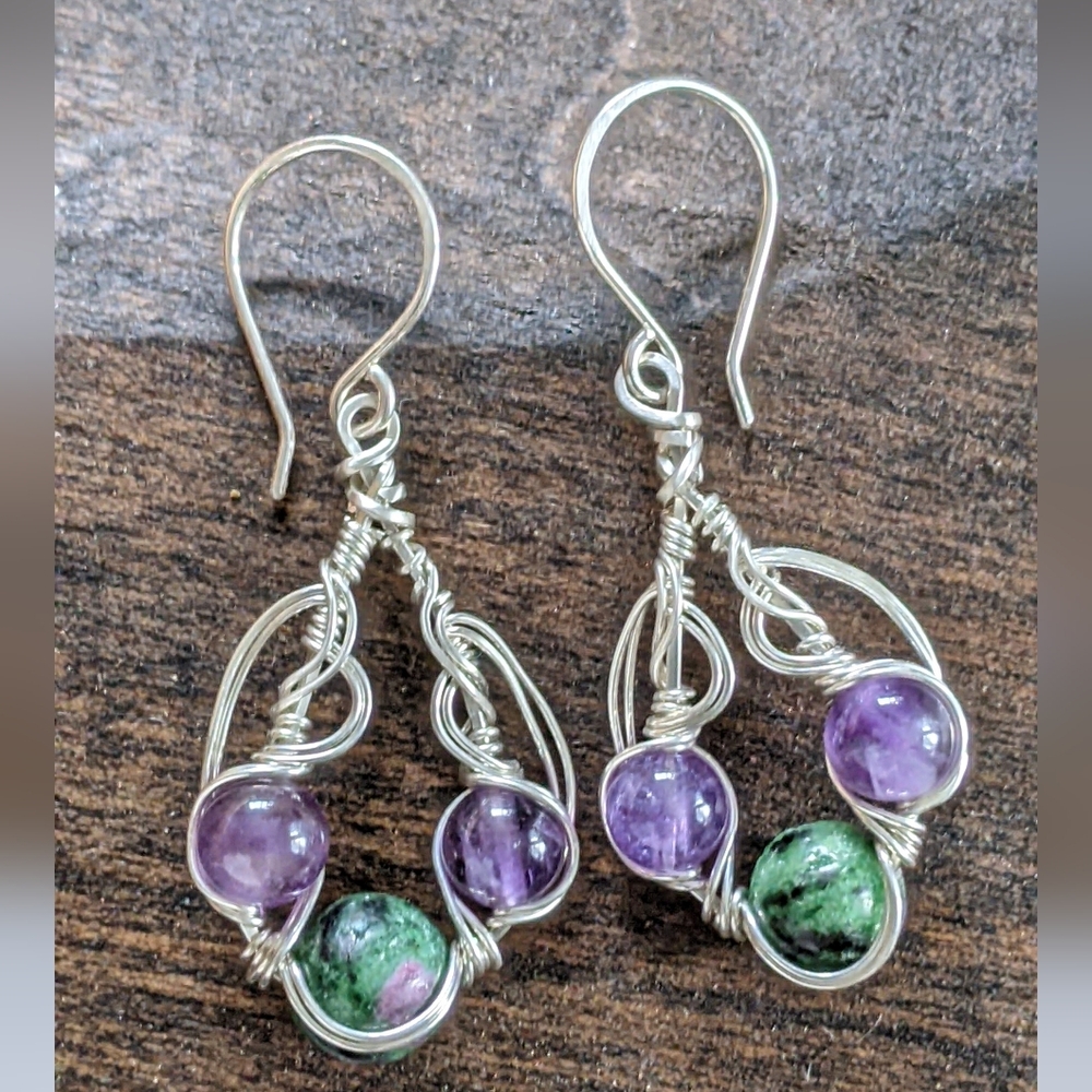 Artisanal Sterling Silver Earrings Amethyst And Ruby Zoisite Gemstones - Picture 8 of 11